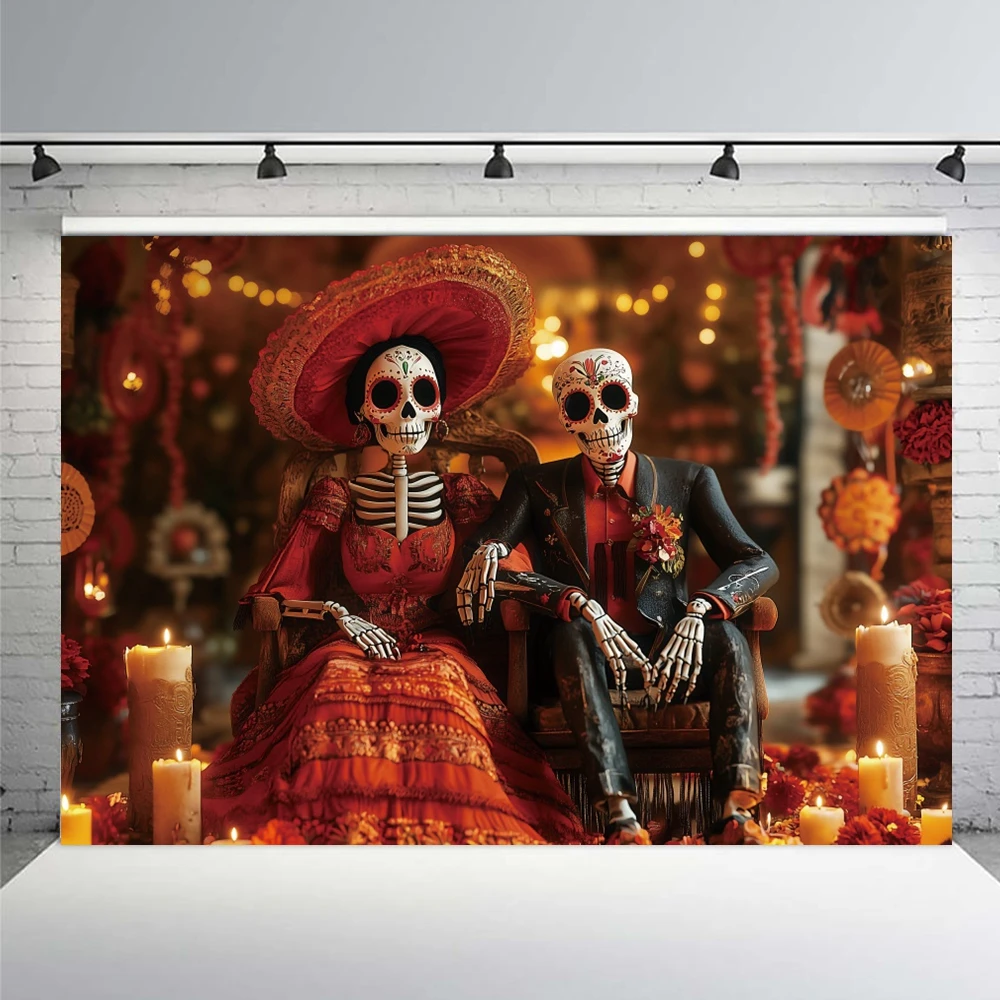 Mexican Carnival Party Photography Background Colorful Flowers Skull Fiesta Cinco DeMayo Day of The Dead Festival Photo Backdrop