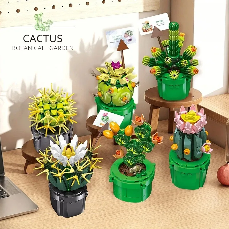 1370Pcs Mini Cactus Succulent Potted Plant Building Blocks 9 Kinds Assembled Flower Model  Desktop Home Decor for Plant Lovers