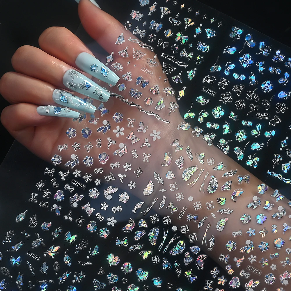 20 stks/set Laser Zilveren Vlinder Nail Art Stickers 3D Bronzing Bloem Bladeren Lijm Sliders DIY Boog Hart Manicure Decals