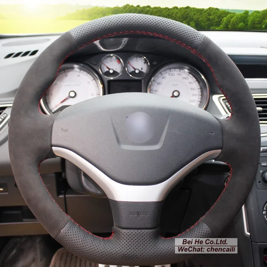 

Hand-Stitch Non-slip Genuine Leather Black Suede Car Steering Wheel Cover for Peugeot 308 2012 2013 Interior Accessories
