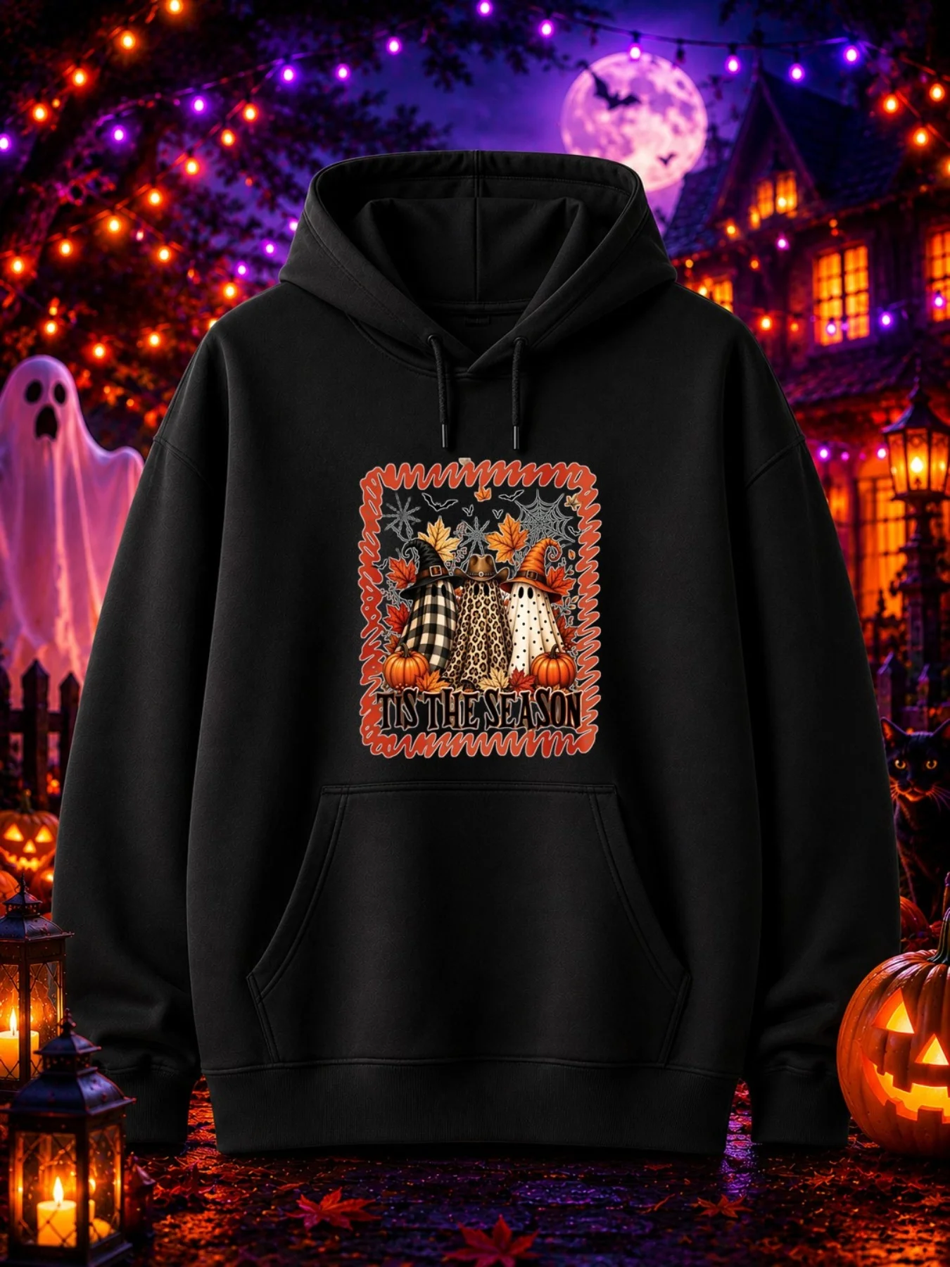 Halloween Men's Sweatshirt with Three Designs: Ghost Wearing a Hat, Pumpkin, Maple Leaf, Orange Wavy Border, with the Text 