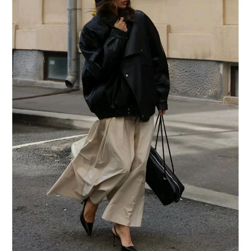 Autunno nuovo arrivo donna retrò moto Sle semplice colletto alla coreana lungo Sve PU pelle ort Jaet cappotto Casual Faion