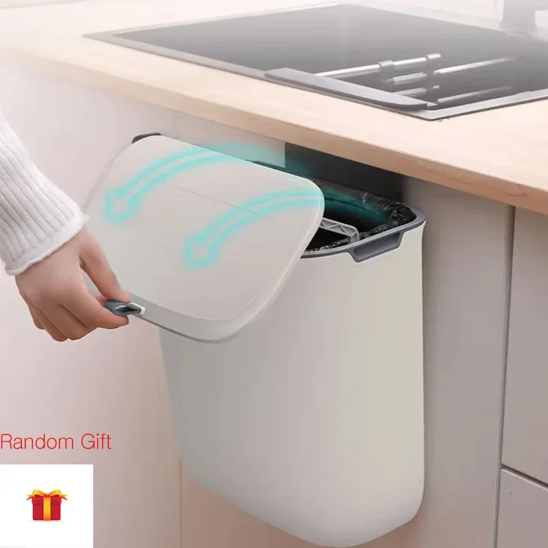 Household Trash Can Kitchen Plastic Storage Sliding Lid Wall Mounted Rubbish Bin No Punch Cupboard Door Bathroom Wast Trash Bin