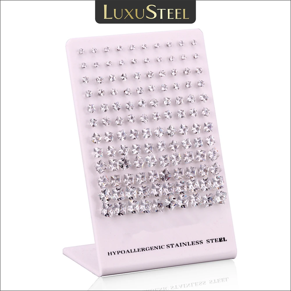 60Pairs Luxury Hypollergenic Square Crystal Earrings For Women Men Golden Plated Silver Stainless Steel Cubic Zirconia 3-8mm