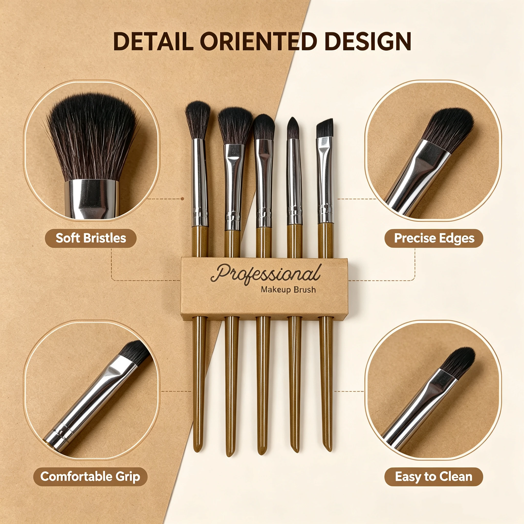 Professional 5-piece eyeshadow brush set: evenly picks up pigment with soft bristles, ideal for beginners doing makeup at home.