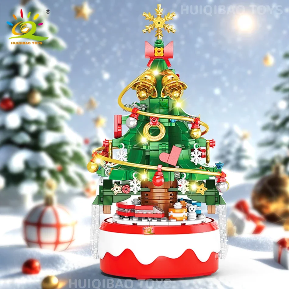 HUIQIBAO Minium Christmas Tree Music Box Model Bricks DIY Santa Claus Building Blocks Kit Toy Educational Gift For Children