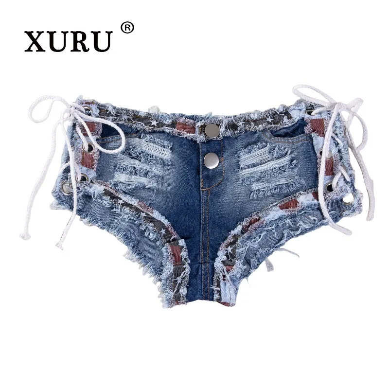 XURU - Novos jeans femininos sexy piercing, cintura baixa verão azul shorts jeans calças quentes
