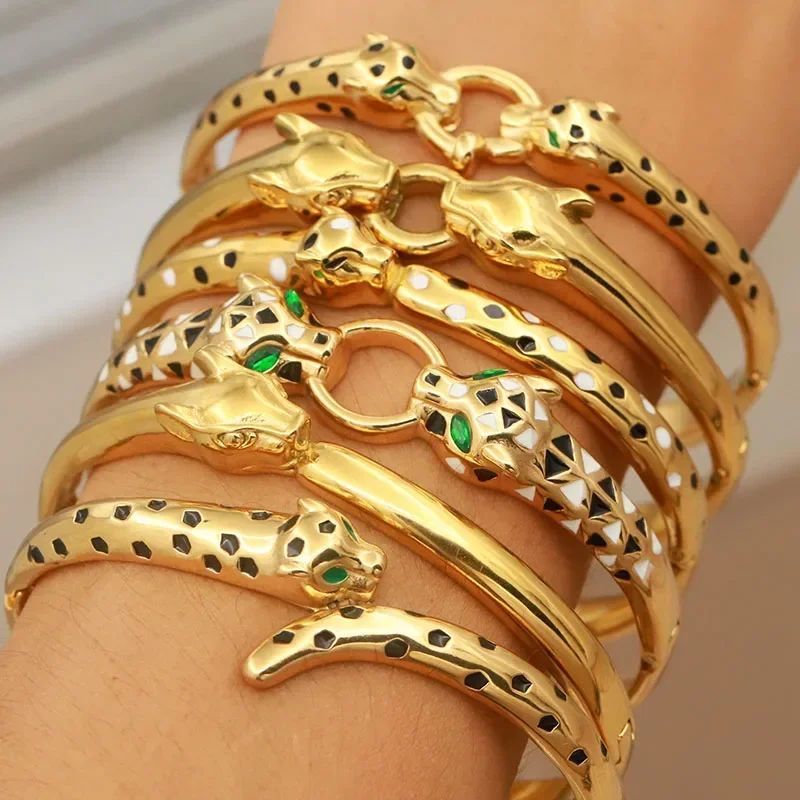 Stainless Steel Multicolor Leopard Bangles for Women Fashion Brand Jewelry Unique Animal Bracelets Party Accessories Gifts