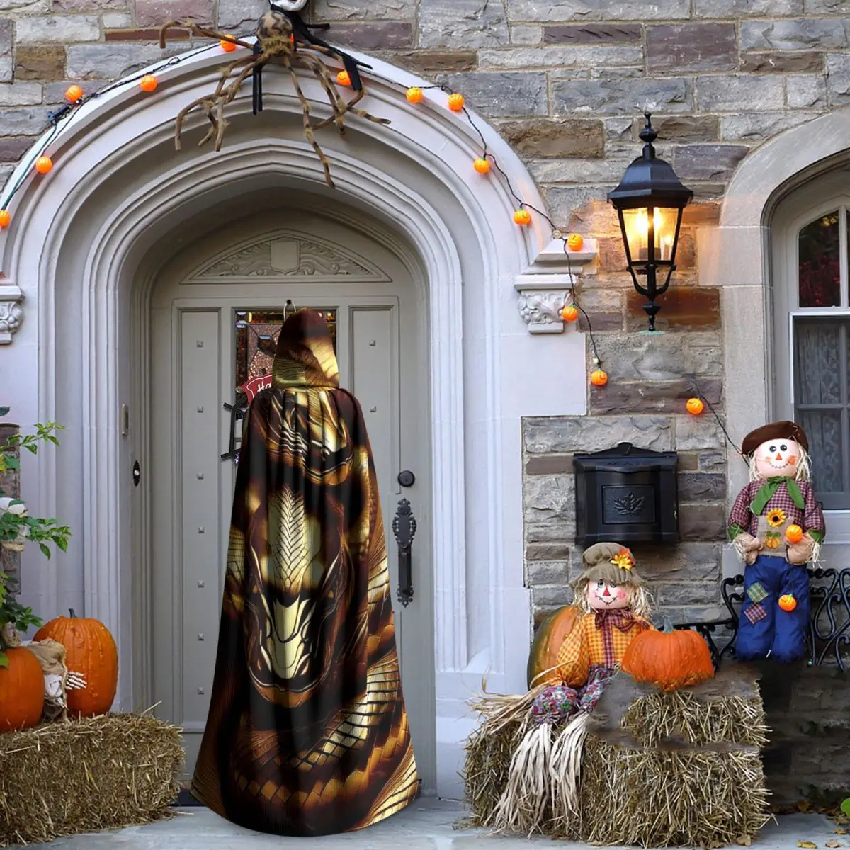 ゴールド怖い蛇ロングフード付きマント魔女中世コスチュームコスプレケープハロウィンパーティー大人ユニセックス