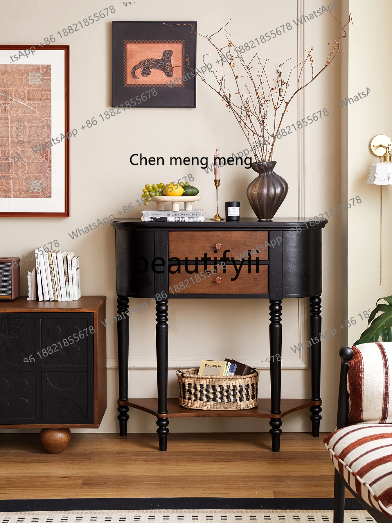 French solid wood entrance table against the wall ultra-narrow entrance platform corridor aisle cabinet retro decorative cabinet