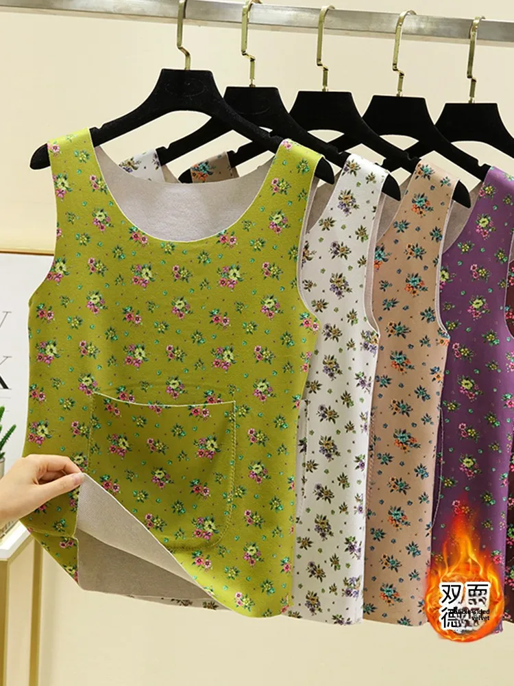 Women's Thermal Fleece Vest Floral Print Inner Wear Autumn Winter Warm Uterus Design Large Size Mid-Aged And Elderly Anti-Col...