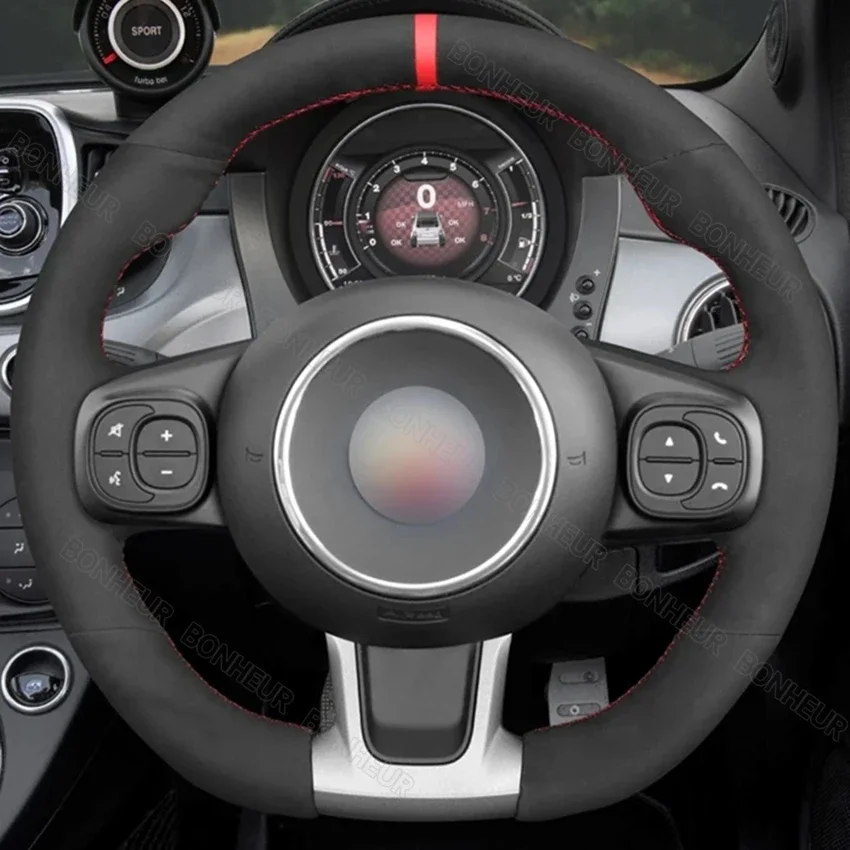 Hand Sew Black Suede Red Marker Car Steering Wheel Cover for Abarth 595 595C 695 695C 2016 2017-2021 Fiat 500 500C 2016-2021