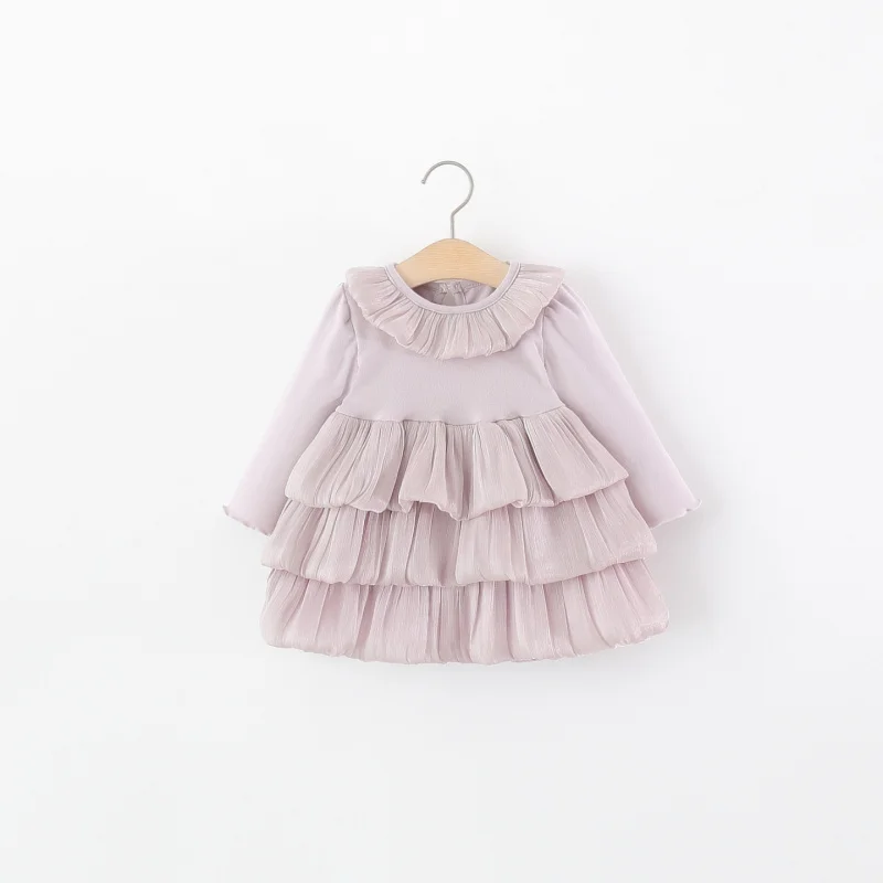 

Girls' Long-Sleeve Dress for Spring and Autumn, Solid Color Twilight Cloud Yarn Jellyfish Cake Princess Dress for Baby Girls