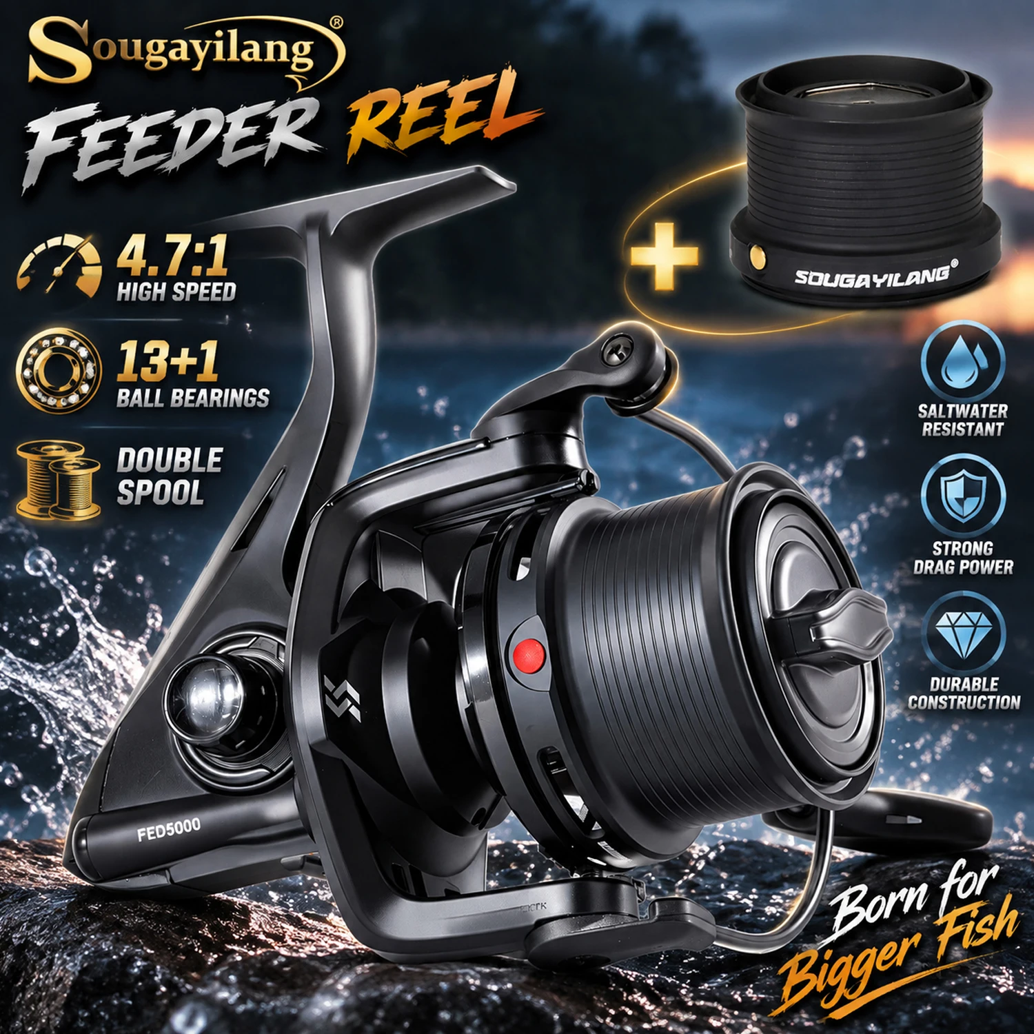 Sougayilang Feeder Reel Full Metal Dual Aluminum Spools 15KG Max Drag Anti-Tangle Smooth Long Casting Big Fish Fishing Reel