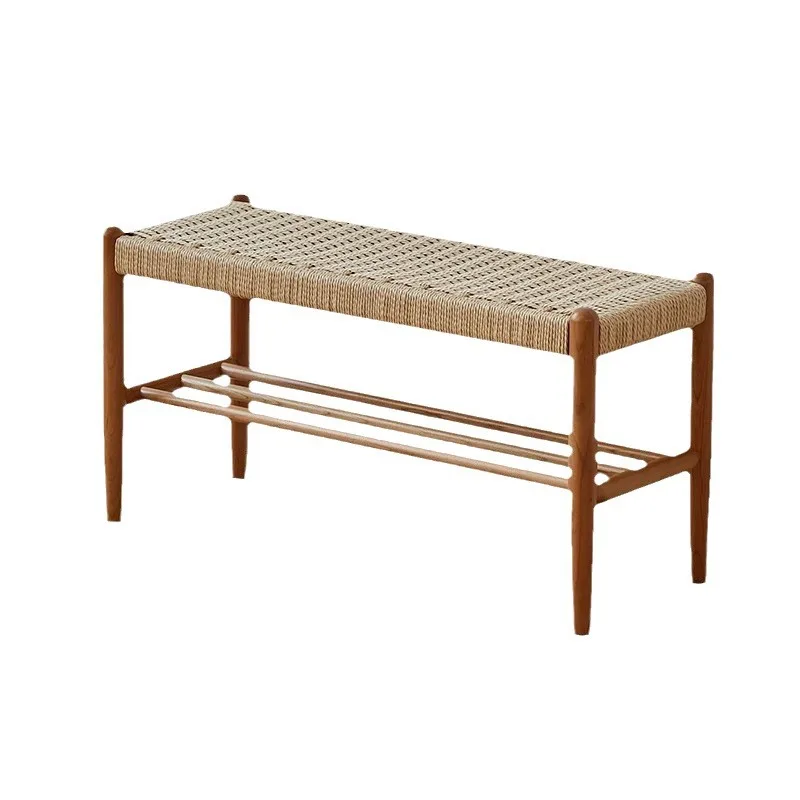 

Nordic cherry wood braided wood shoe changing stool, Japanese oak door double-layer shoe rack walnut