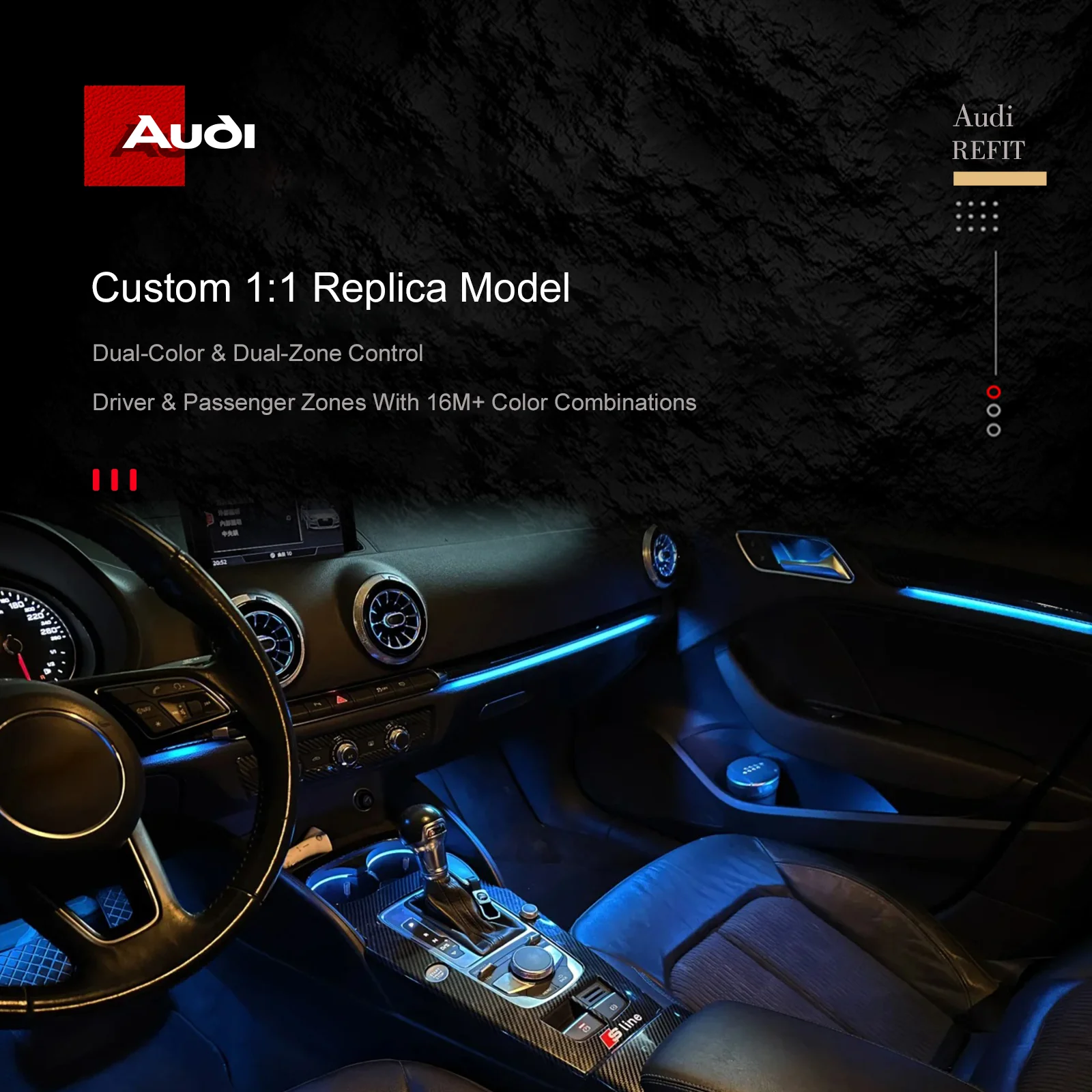 For Audi A3 / RS3 2013–2025 OEM Molded Vehicle-Specific Ambient Light, OEM Screen Control Supported