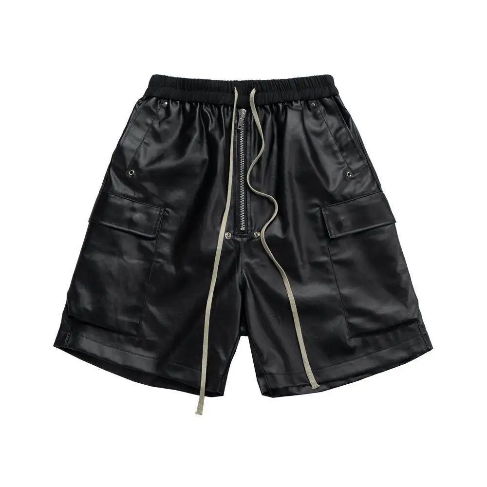 RO Style High Street Dark Multi Pocket Workwear Shorts Straight Rope Drawstring Matte Surface Coated Men's Women's Trendy Bra...