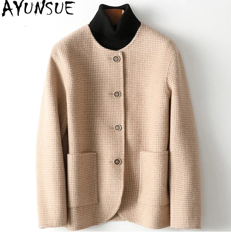 New AYUNSUE Fashion 87% Wool Jackets for Women 2024 Fall Winter Short Alpaca Coat Plaid Double-sided en Coats Casacos