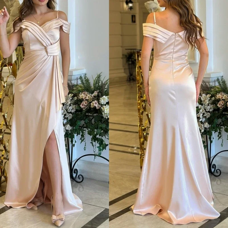 Personalizado clássico estilingue moda plissado slash neck vestidos formais simples sólido longo fino festa de casamento vestidos macio luxo sat