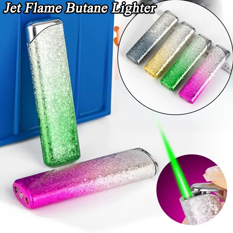 

Jet Flame Butane Lighter Windproof Green Flame Three-dimensional Broken Ice Flower Torch Lighters For Kitchen BBQ Smoking Gift