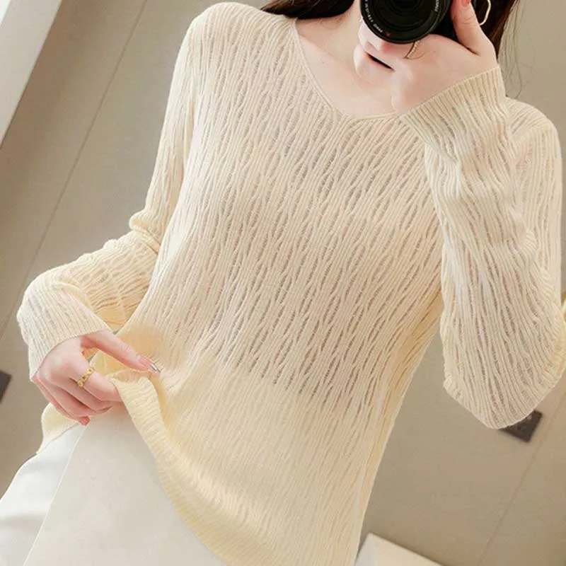 Fashion V-Neck All-match Solid Color Sweaters Women's Clothing Spring Autumn Loose Knitted Casual Pullovers Commuter Tops