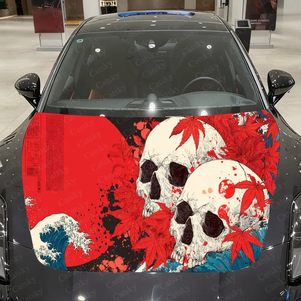 

Dark Japanese Style Skeleton & Wave Car Vinyl Wrap, PVC Waterproof Car Hood Sticker, Self-Adhesive Scratch-Resistant Stickers