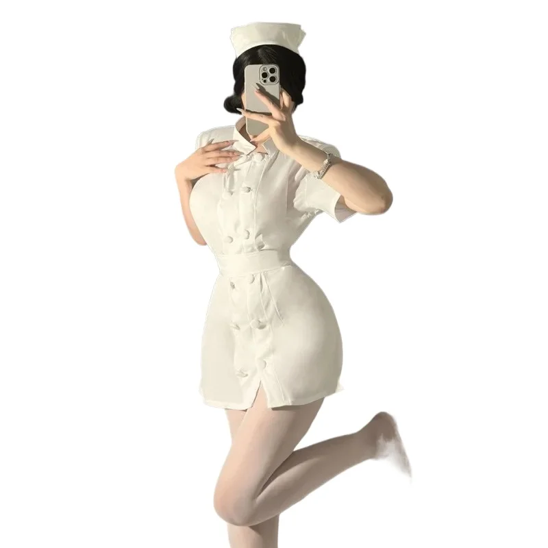 Sexy Pure Desire Nurse Doctor Cosplay Uniform White Angel Dress Button Short Sleevess Wrap Hip Dress Elegant Charming Fiery