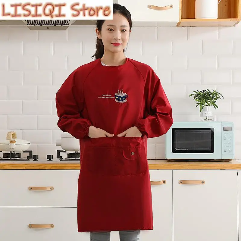 

New Cotton Waterproof Sleeved Apron Adult Coveralls Oil-proof Kitchen Aprons for Woman Men Work Clothes Baking