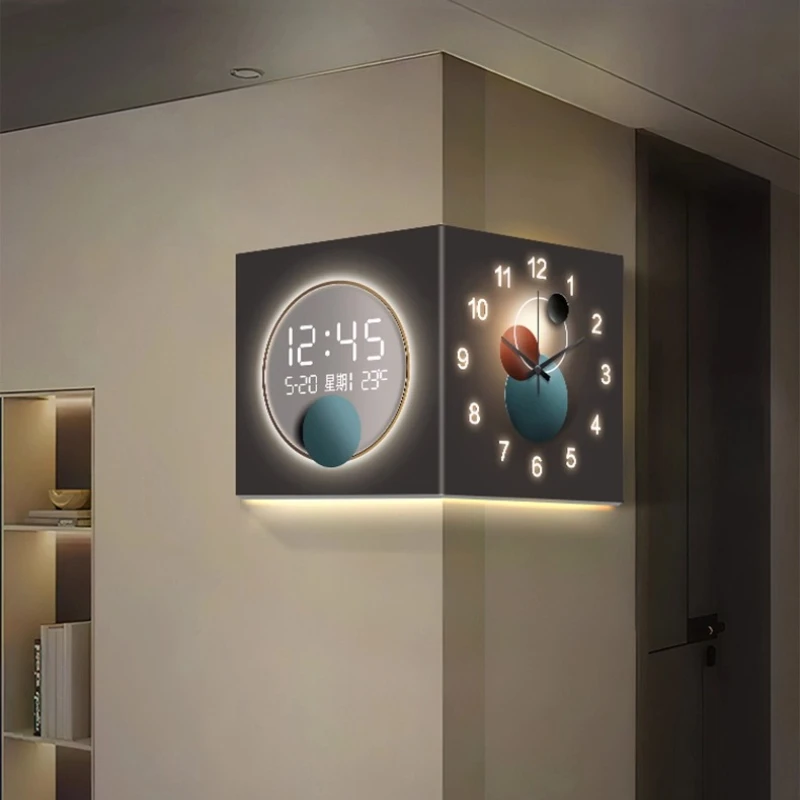 European Style Double-sided Turn Corner Decorative Wall Clock Living Room Digital Display Clock Mural Perpetual Calendar Watch