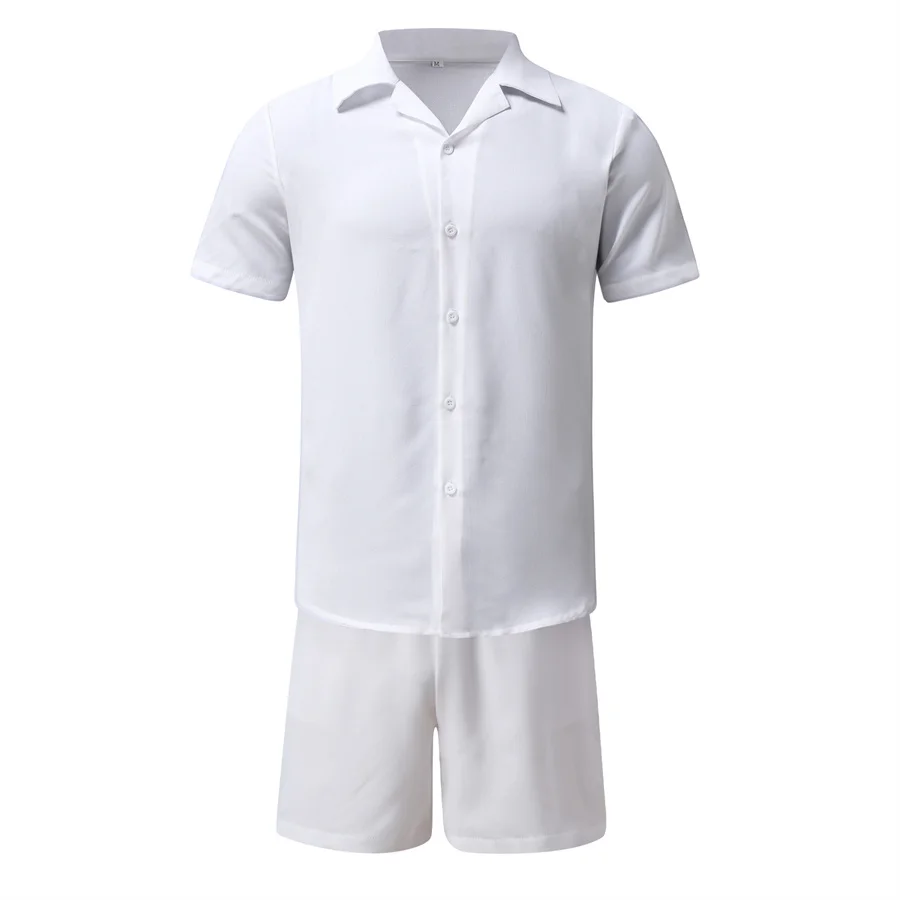 New 2024 Men\'s Summer 2 Piece Set Solid Short Sleeve Lapel Shirts and Shorts Man Hawaiian Beach Holiday Clothing Sports Suit