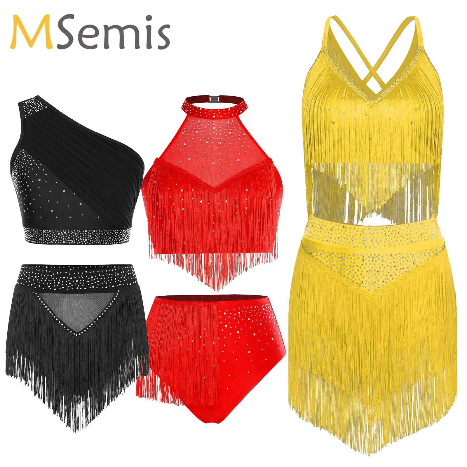 

2 Piece Latin Salsa Dance Outfits Contemporary Costume Fringe Crop Top with Tiered Tassels Skirt Stage Performance Wear Clothes