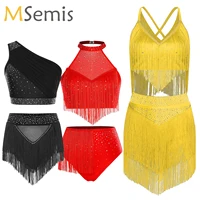 Trajes de baile de Salsa latina de 2 piezas, traje contemporáneo, Top corto con flecos y falda con borlas escalonadas, ropa puesta en escena