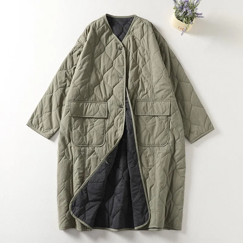 Oversized Vintage Cardigan Robe Women Jacket Double Pocket Casual Loose Quilted Cotton Coats Single Breasted Autumn Outerwears