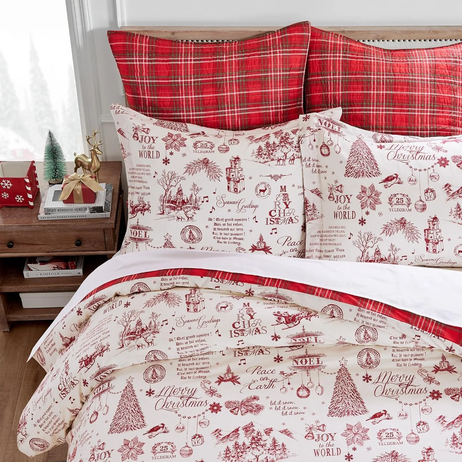 King Holiday Comforter 106x94 and Two King Pillow Cases 20x36 - Christmas Holiday Script - Red and Cream - Cotton