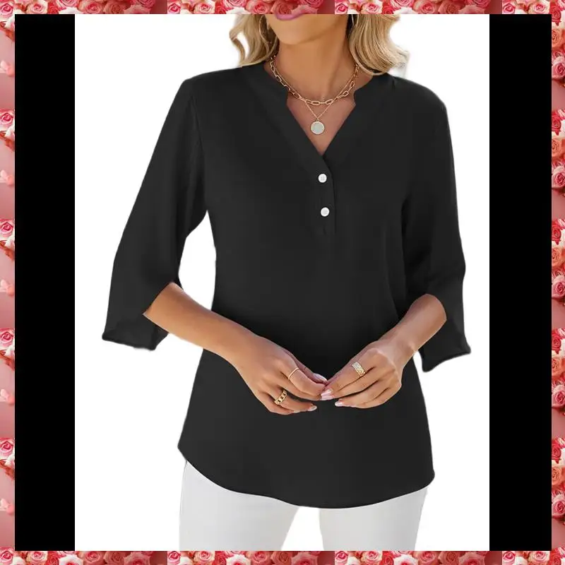 ผู้หญิงเสื้อชีฟองลําลองเสื้อ 1/2 Ruffled Sleeve V คอหลวม Fit เสื้อเสื้อ