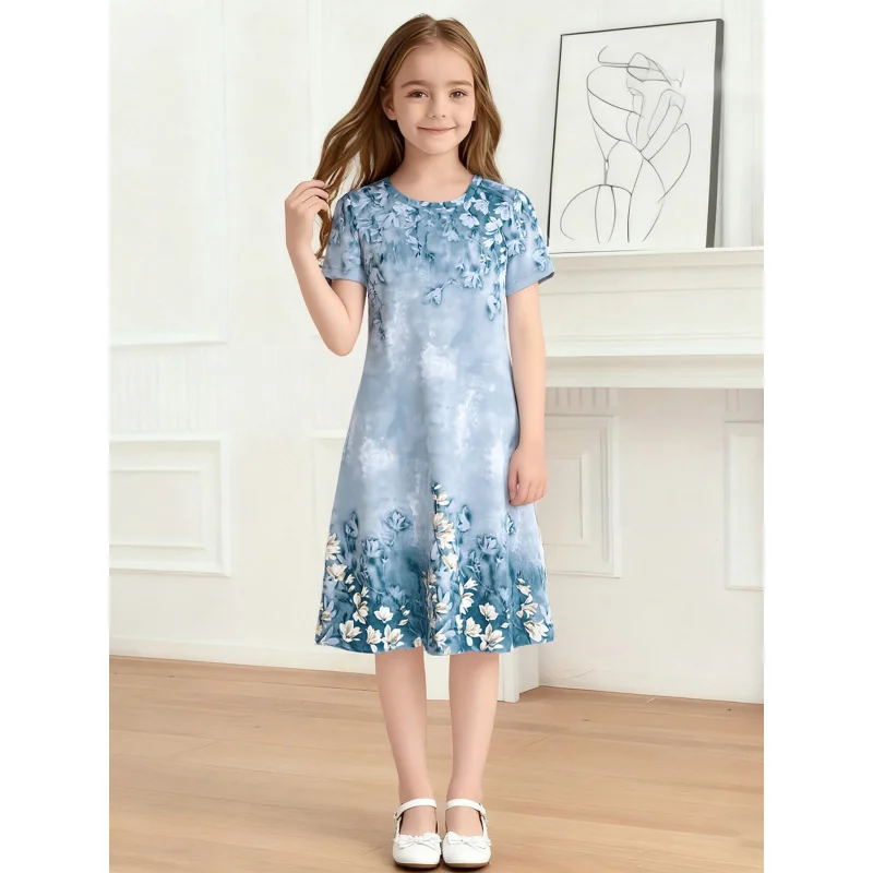 

Girls' Blue And White Printed Dress Short Sleeve Fresh Pastoral Style Summer A-Line Skirt for Children 2026