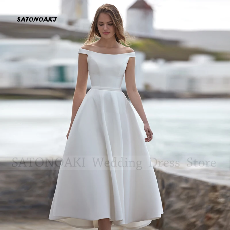 Customized Elegant Simple Satin Off the Shoulder Short Wedding Dress for Women A-Line Tea Length Bride Gown Vestidos De Novia