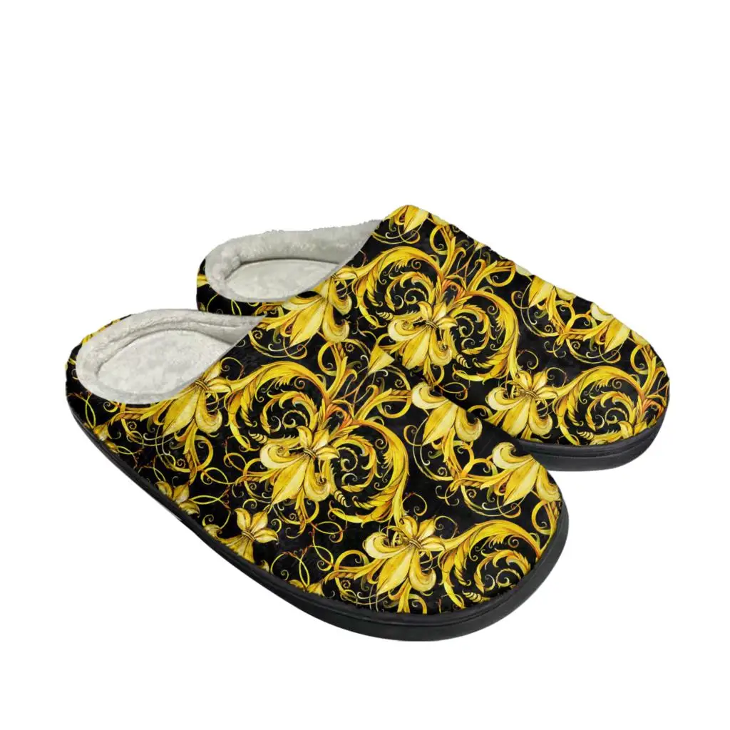 Luxury Baroque Gold Floral European Pattern Home Cotton Custom Slippers Mens Womens Plush Casual Keep Warm Shoes Thermal Slipper