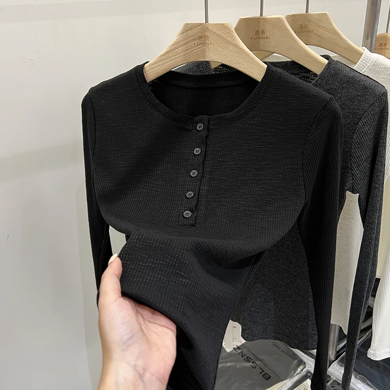 

Женские повседневные однотонные футболки с круглым вырезом и длинными рукавами на пуговицах, осенняя женская футболка, винтажная облегающая универсальная футболка Femme в рубчик Y2k Top