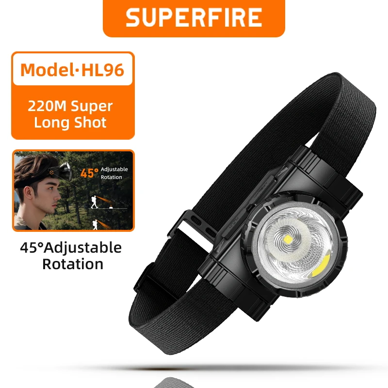 

SUPERFIRE HL96 LED Headlamp 200M Long Range USB Rechargeable Headlight 45° Adjustible Head Flashlight For Camping Emergency