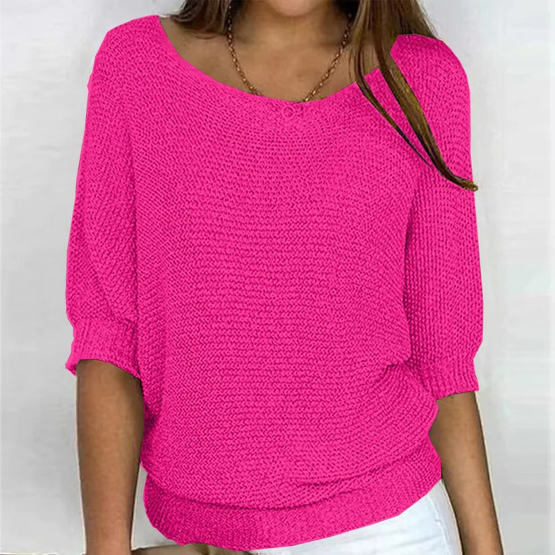 2025 New Solid Color Crew Neck Knitted Sweater Women's Seven-quarter Sleeve Top