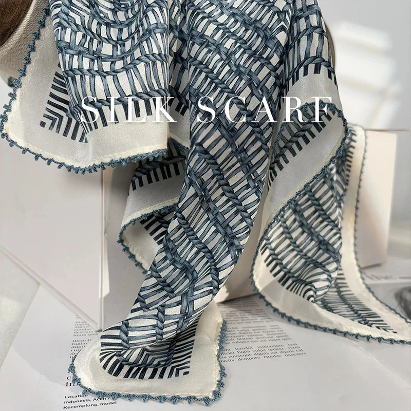 

2026 Original luxury scarves 100% silk neck scarf for women spring summer elegant blue geometric print square scarf accessories