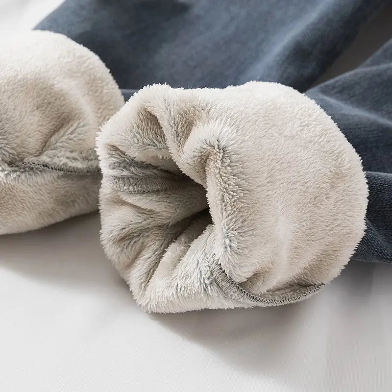 Winter Jeans Women Casual Plus Velvet Elastic High Waist Denim Trousers Office Lady Vintage Fleece Lined Stretch Pantalones