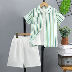 2024 Kids Boys Clothes 2 Pce Set Shirt + Shorts Summer Green Strip Children Clothes Party Kids Boys Suit  8 9 10 11 12 Years Old