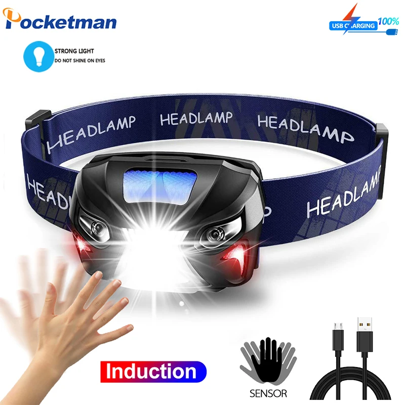 

High Power Powerfull Headlamp Rechargeable LED Headlight Body Motion Sensor Head Flashlight Camping Torch Light Lamp with USB