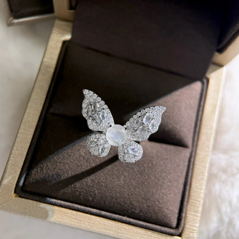 

s925Sterling Silver National Style New Chinese Style Adjustable Mouth Butterfly Natural Water-Foam Jade Seiko High Sense Diamond