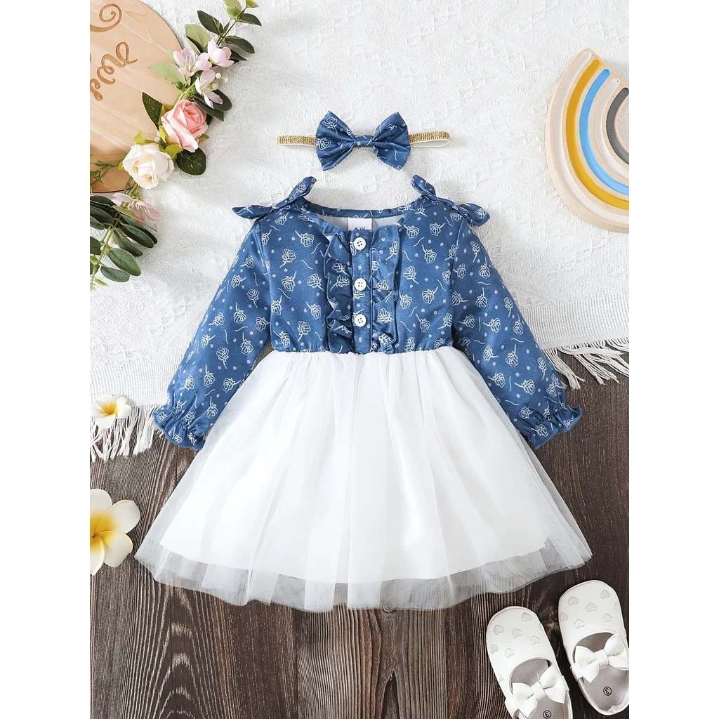 Baby Girl Dress Long Sleeves Spliced White Mesh Skirt+Headband 2PCS Spring&Autumn Fashion Clothes for Toddler Girl 6-24 Months