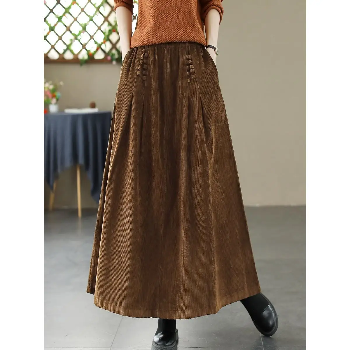 

Solid Color Corduroy Midi Skirt for Women 2025 Autumn Winter New Loose Slimming High Waist Pleated Flared Skirt