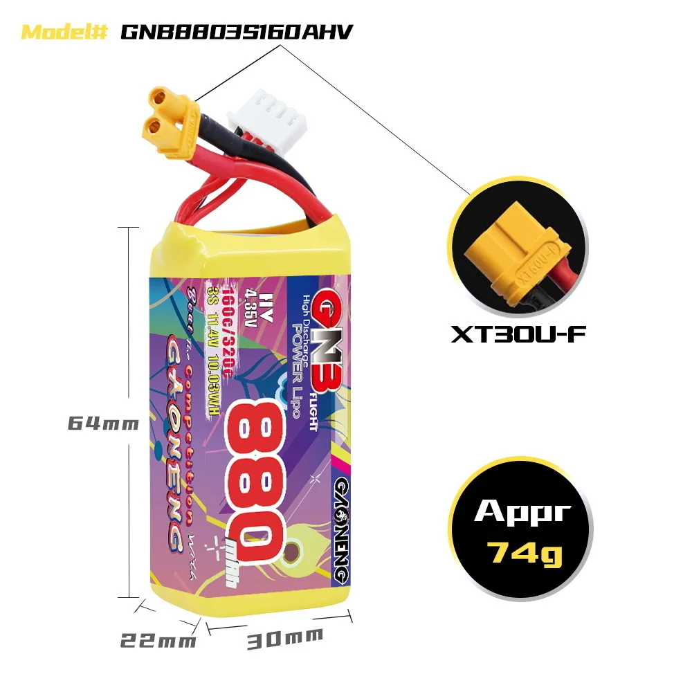 Bateria lipo gnb 3s 11.4v, 2 peças, 880mah 160c/320c ministar com plugue xt30 para rc fpv drone quadcopter helicóptero peças de avião