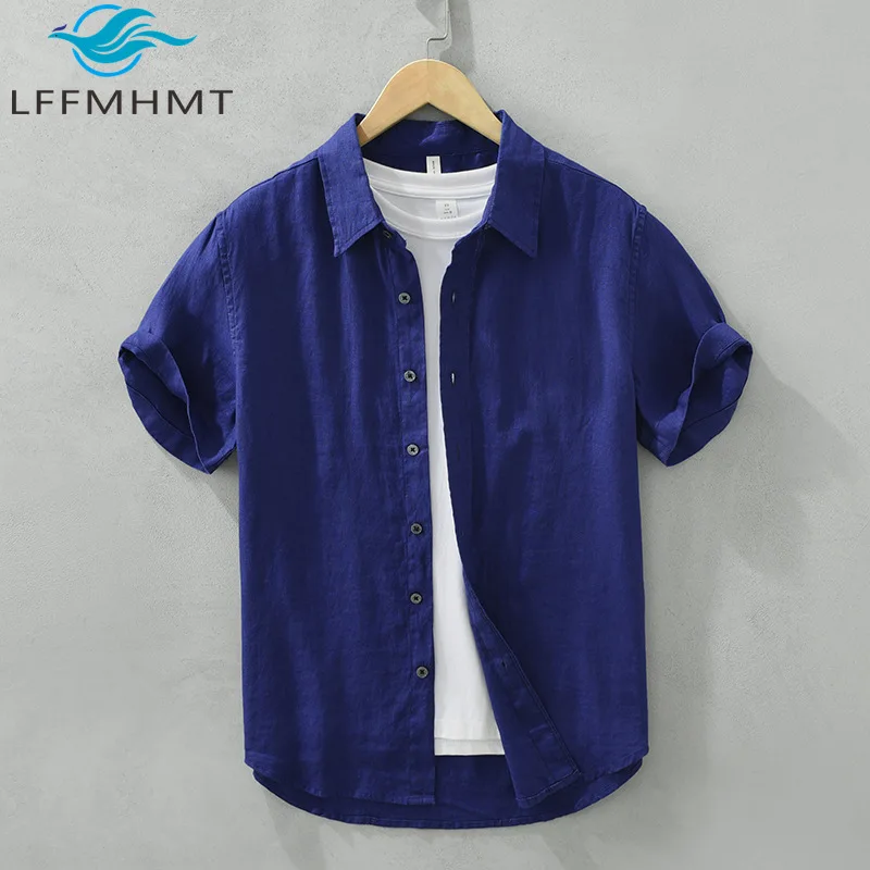 

Мужская повседневная рубашка из 100% льна, летняя, модная, с коротким рукавом, свободного кроя, дышащая, однотонная, на каждый день